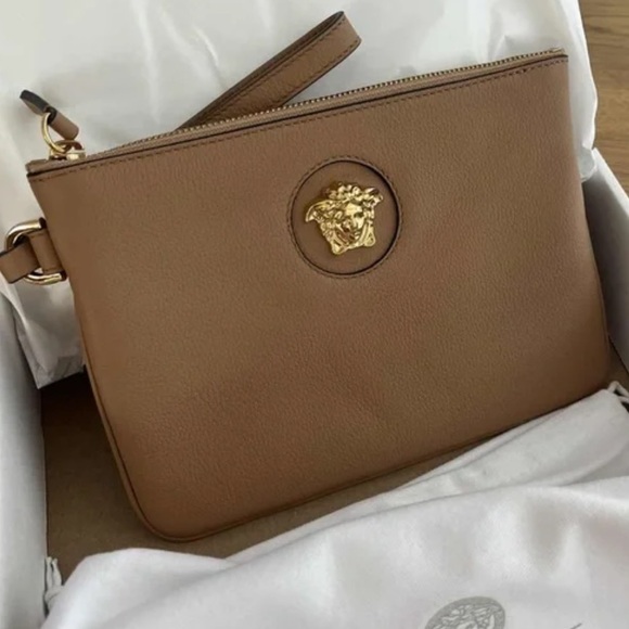 VERSACE Brown Leather Wristlet Pouch with Gold Medusa NEW - Picture 1 of 9